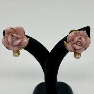 Vintage Porcelain Pink Rosebud Earrings, With Faux Pearls, Screw-Back, Gold Tone